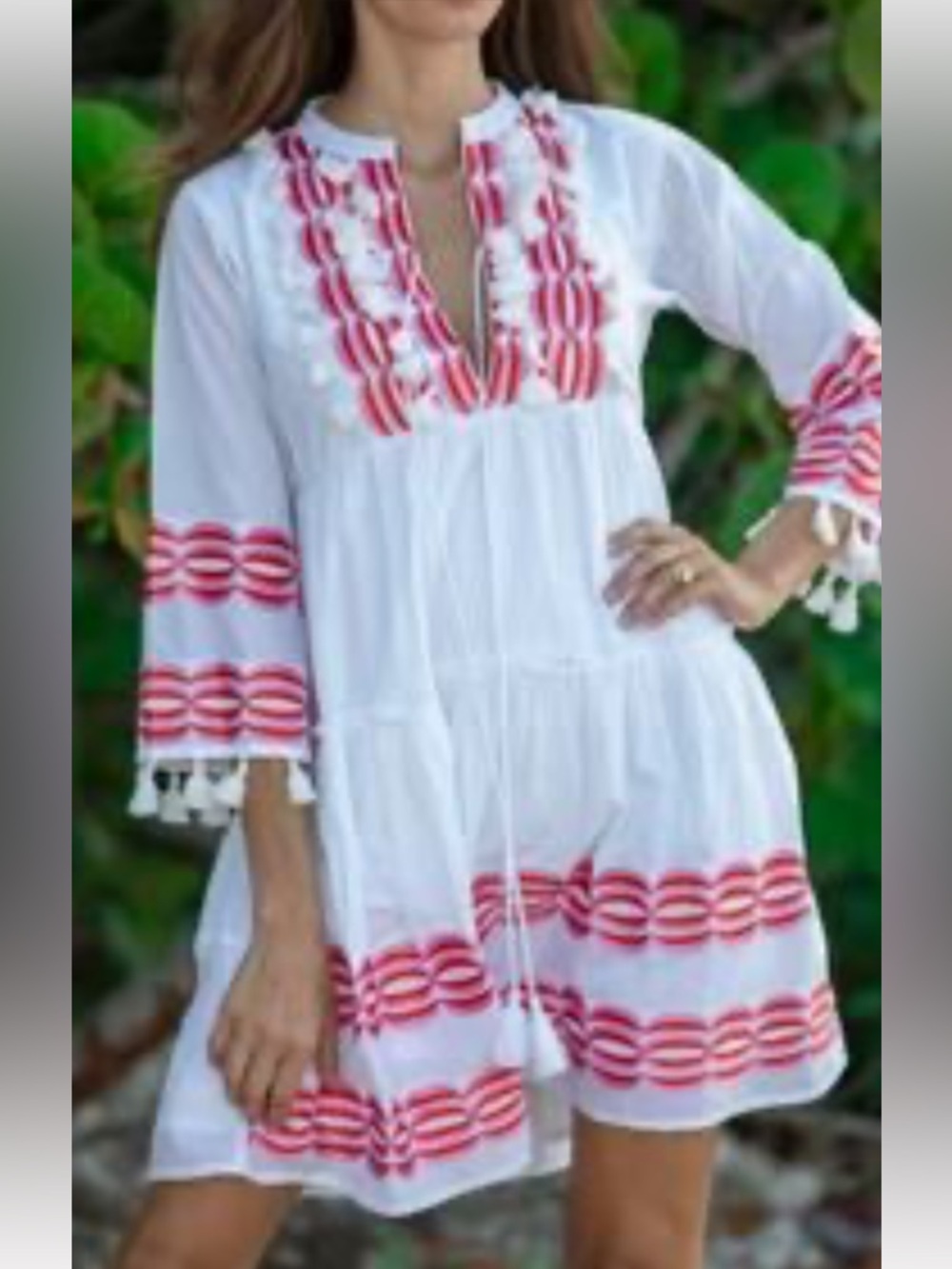 Bindu Embroidered Tassel Cotton Tunic Dress Boho Resort White Red Small